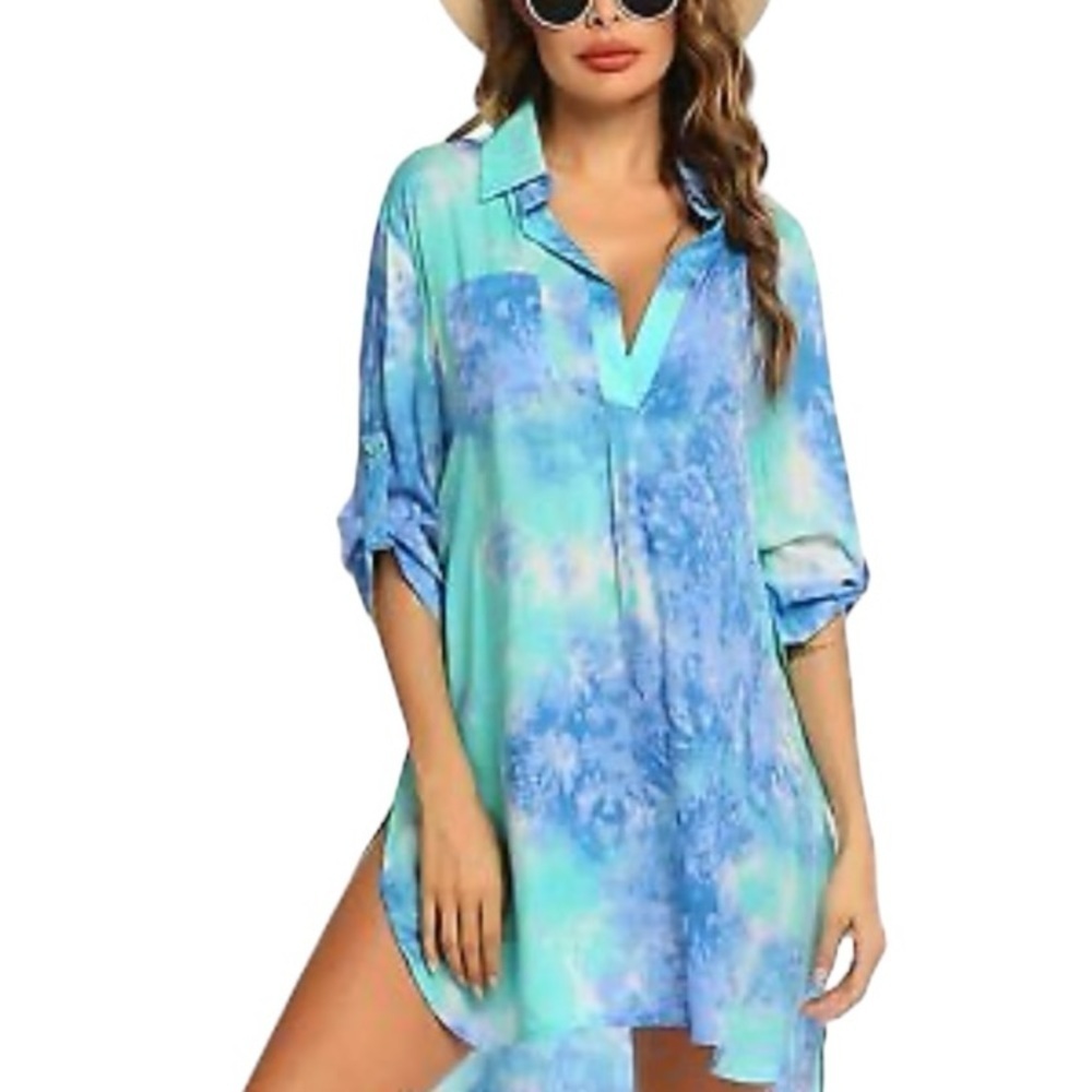 Women's Aqua Tie-Dye Swim Coverup Tunic
